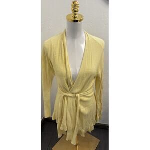 Anthropologie Sparrow Yellow Tie Waist Knit Cardigan Size Large Eyelet Ruffle